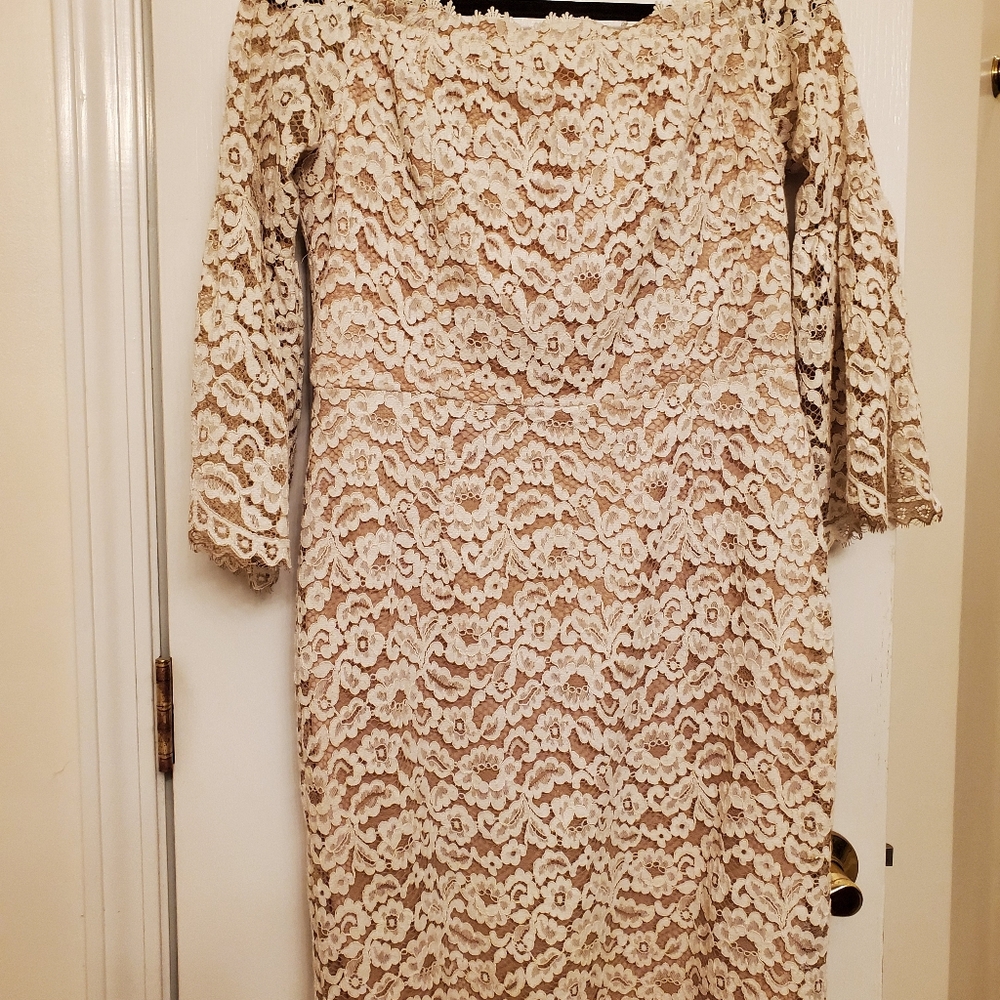 Dress by Dejavu, size large, beige with ecru lace overlay.